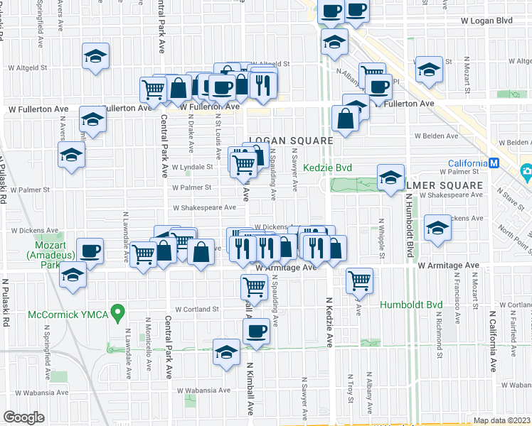 map of restaurants, bars, coffee shops, grocery stores, and more near 2150 North Spaulding Avenue in Chicago