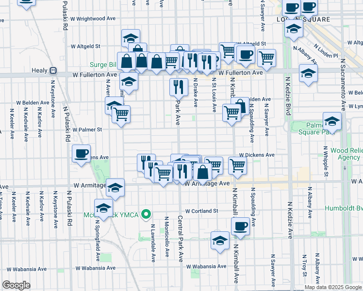 map of restaurants, bars, coffee shops, grocery stores, and more near 2148 North Central Park Avenue in Chicago