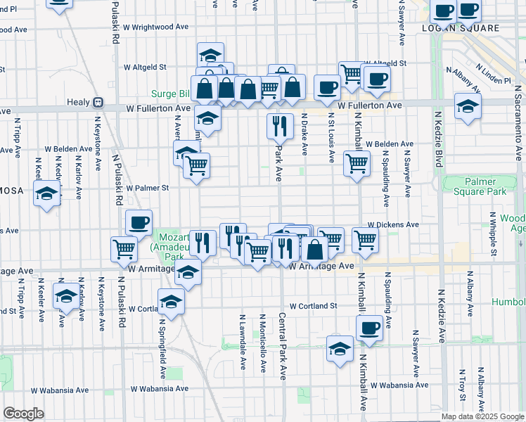 map of restaurants, bars, coffee shops, grocery stores, and more near 3638 West Shakespeare Avenue in Chicago