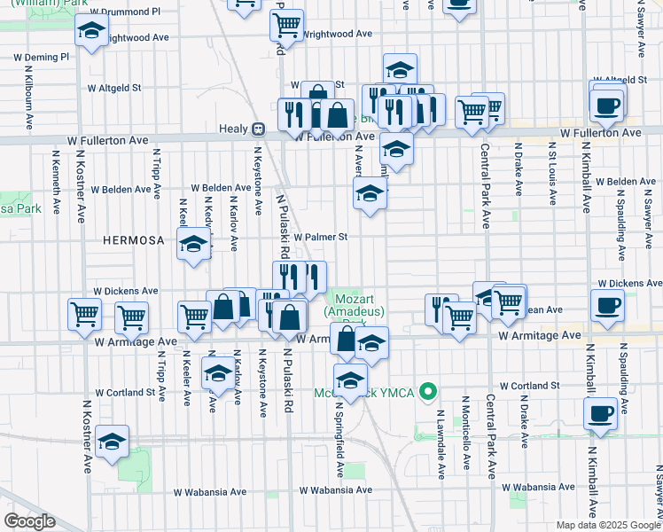 map of restaurants, bars, coffee shops, grocery stores, and more near 2148 North Springfield Avenue in Chicago