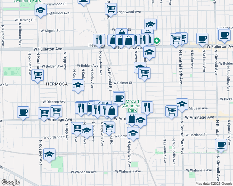 map of restaurants, bars, coffee shops, grocery stores, and more near 3952 West Shakespeare Avenue in Chicago