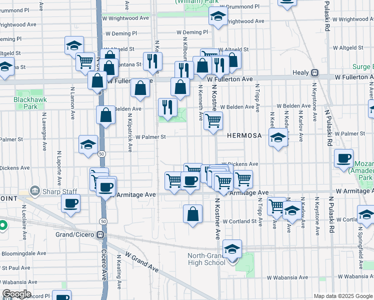 map of restaurants, bars, coffee shops, grocery stores, and more near 2157 North Kolmar Avenue in Chicago