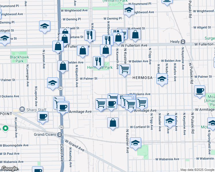 map of restaurants, bars, coffee shops, grocery stores, and more near 2157 North Kolmar Avenue in Chicago