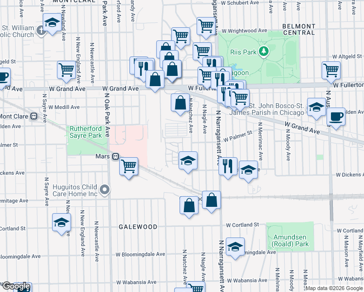 map of restaurants, bars, coffee shops, grocery stores, and more near 6525 West Palmer Street in Chicago