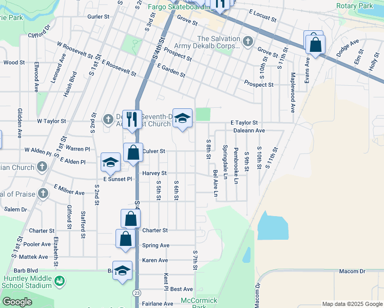 map of restaurants, bars, coffee shops, grocery stores, and more near 830 South 7th Street in DeKalb