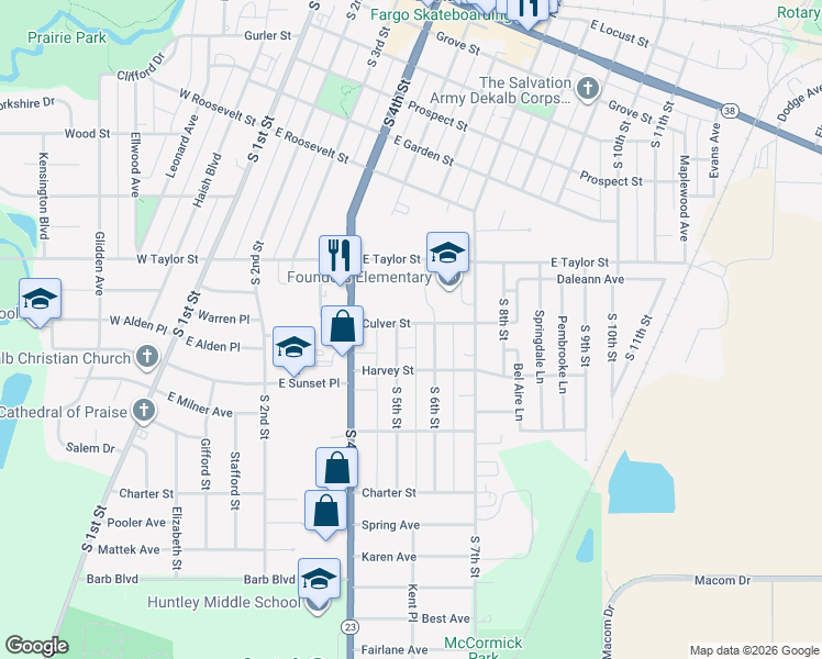 map of restaurants, bars, coffee shops, grocery stores, and more near 522 Culver Street in DeKalb