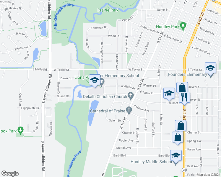map of restaurants, bars, coffee shops, grocery stores, and more near 410 Gayle Avenue in DeKalb