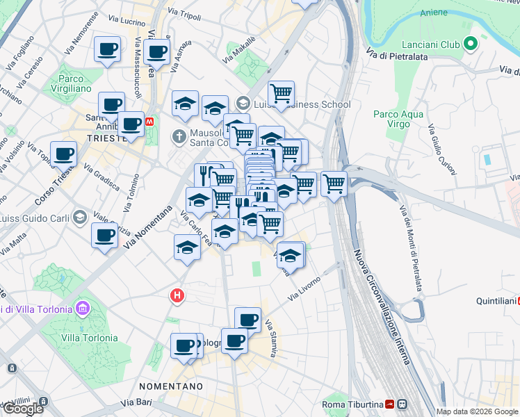 map of restaurants, bars, coffee shops, grocery stores, and more near 52 Via Ignazio Giorgi in Roma