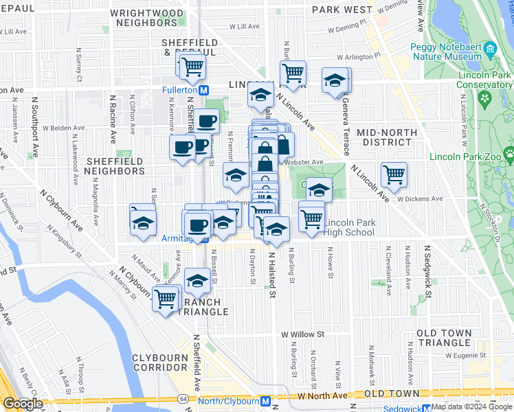 map of restaurants, bars, coffee shops, grocery stores, and more near 819 West Dickens Avenue in Chicago