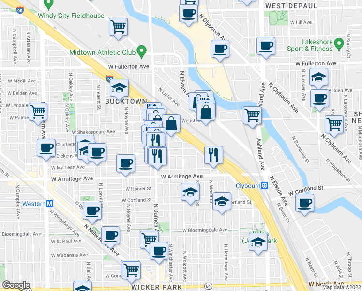 map of restaurants, bars, coffee shops, grocery stores, and more near 1900 West Dickens Avenue in Chicago