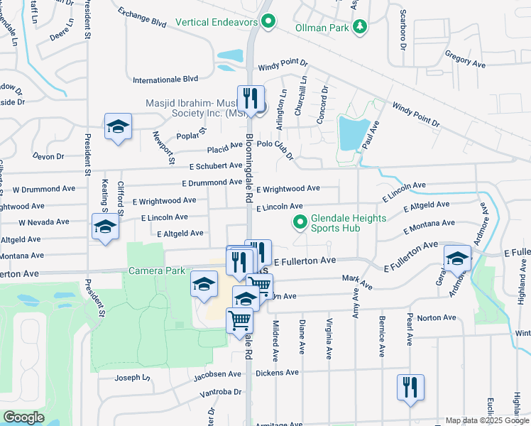 map of restaurants, bars, coffee shops, grocery stores, and more near 230 East Lincoln Avenue in Glendale Heights