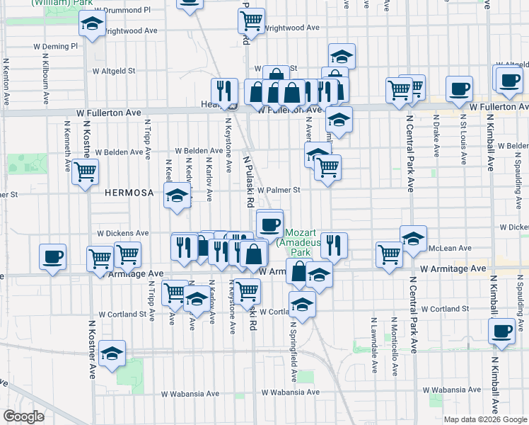map of restaurants, bars, coffee shops, grocery stores, and more near 3952 West Shakespeare Avenue in Chicago