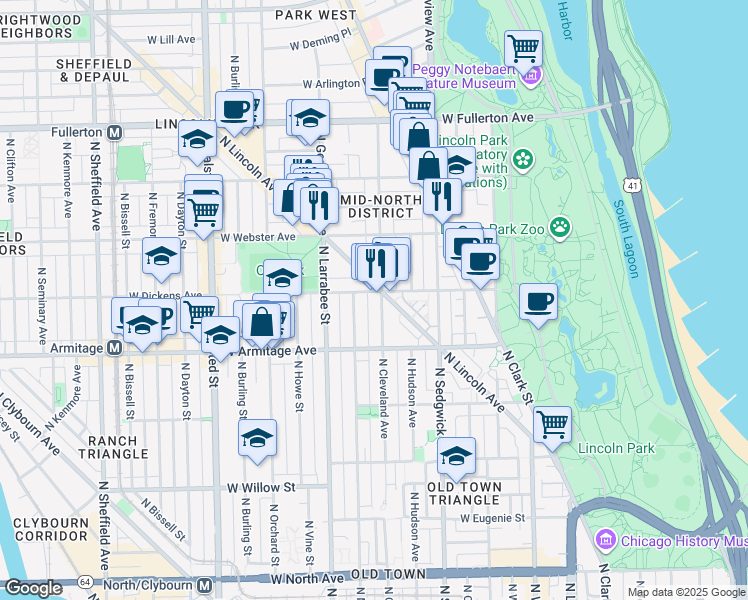 map of restaurants, bars, coffee shops, grocery stores, and more near 2114 North Lincoln Avenue in Chicago