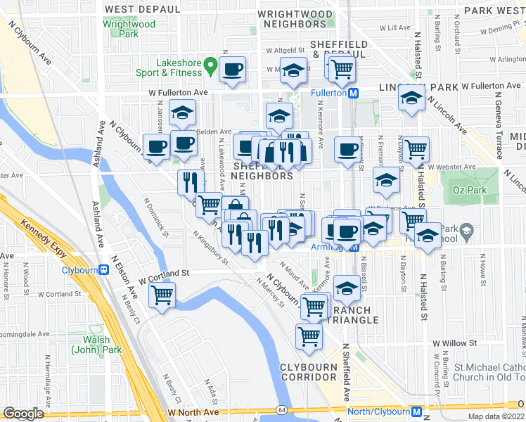 map of restaurants, bars, coffee shops, grocery stores, and more near North Racine Avenue & West Dickens Avenue in Chicago