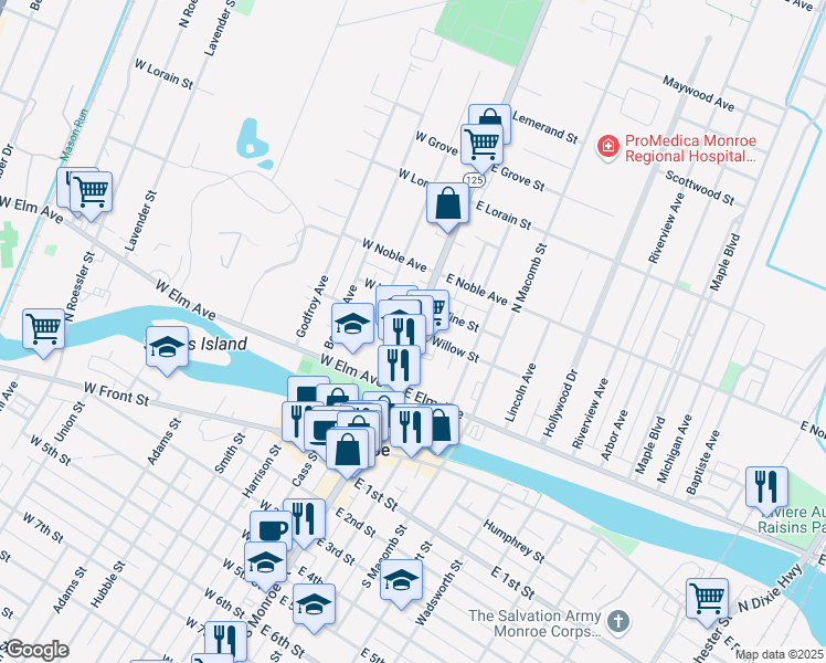 map of restaurants, bars, coffee shops, grocery stores, and more near 202 North Monroe Street in Monroe