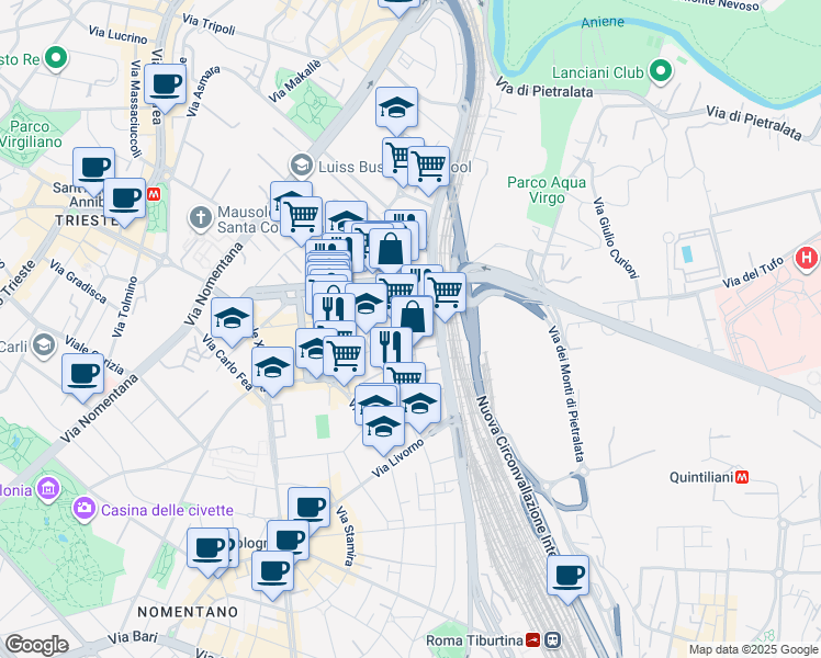 map of restaurants, bars, coffee shops, grocery stores, and more near 19-21 Via Cesare Rasponi in Rome