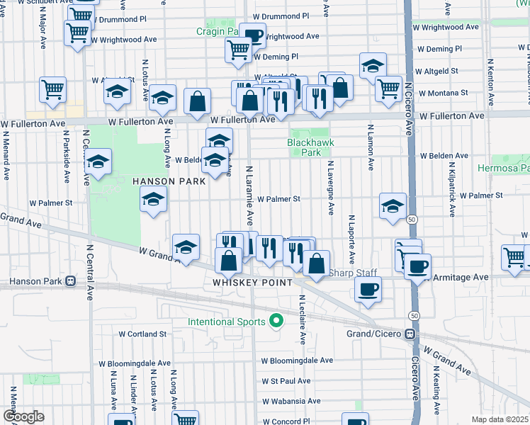 map of restaurants, bars, coffee shops, grocery stores, and more near 2201 North Leamington Avenue in Chicago