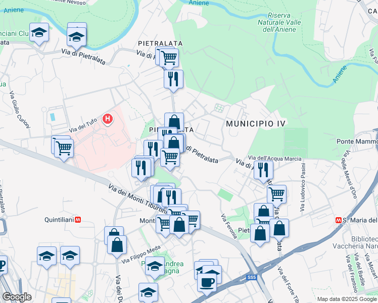 map of restaurants, bars, coffee shops, grocery stores, and more near 320A Via di Pietralata in Rome