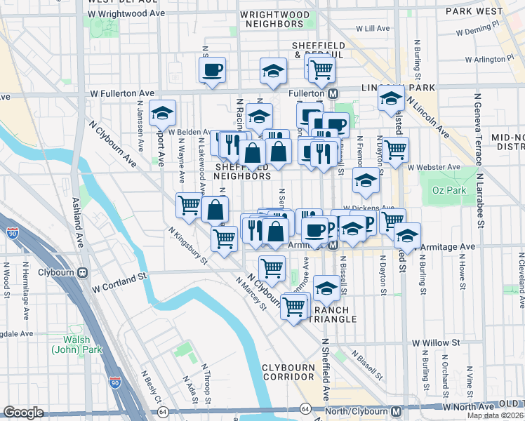 map of restaurants, bars, coffee shops, grocery stores, and more near W Dickens Ave & N Clifton Ave in Chicago