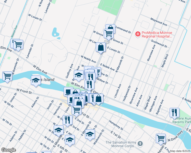 map of restaurants, bars, coffee shops, grocery stores, and more near 202 North Monroe Street in Monroe