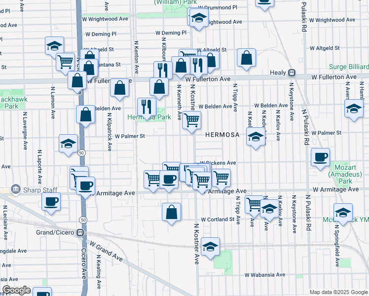 map of restaurants, bars, coffee shops, grocery stores, and more near 2154 North Kenneth Avenue in Chicago