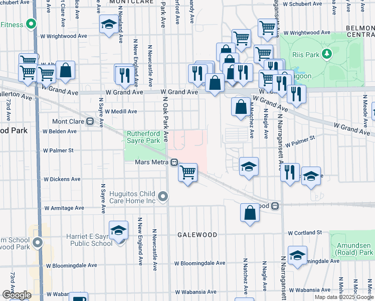 map of restaurants, bars, coffee shops, grocery stores, and more near 2211 North Oak Park Avenue in Chicago