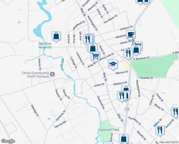 map of restaurants, bars, coffee shops, grocery stores, and more near 18 King Street in Taunton