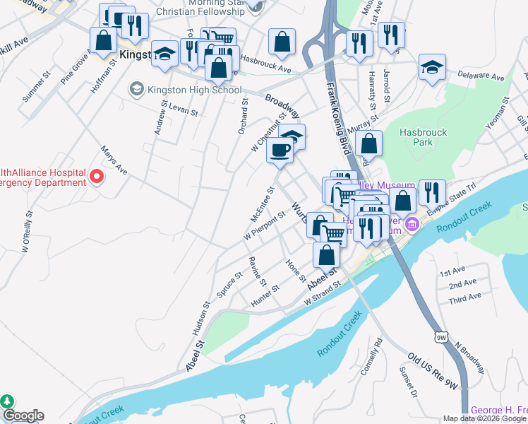 map of restaurants, bars, coffee shops, grocery stores, and more near 77 McEntee Street in Kingston