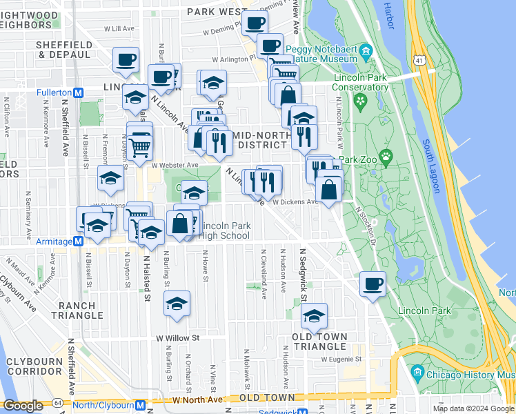 map of restaurants, bars, coffee shops, grocery stores, and more near 2114 North Lincoln Avenue in Chicago