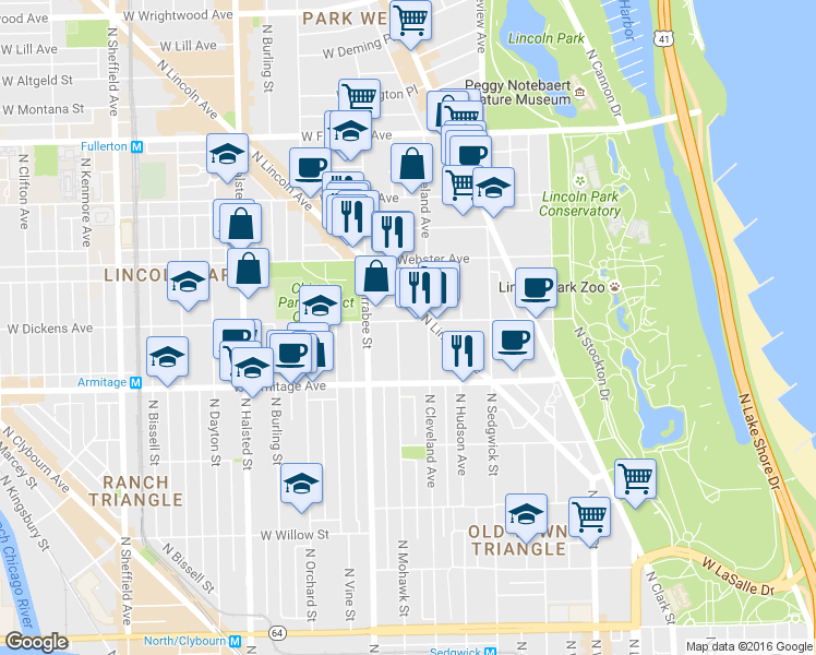 map of restaurants, bars, coffee shops, grocery stores, and more near 2114 North Lincoln Avenue in Chicago
