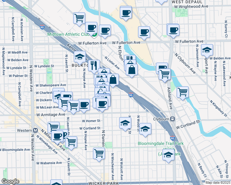 map of restaurants, bars, coffee shops, grocery stores, and more near in Chicago