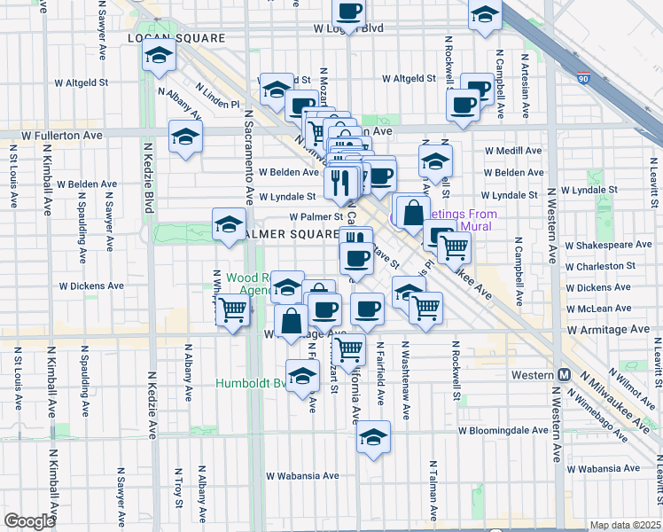 map of restaurants, bars, coffee shops, grocery stores, and more near 2845 West Shakespeare Avenue in Chicago