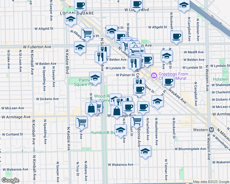 map of restaurants, bars, coffee shops, grocery stores, and more near 2127 North Humboldt Boulevard in Chicago