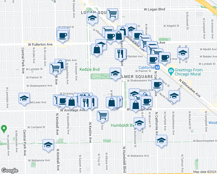 map of restaurants, bars, coffee shops, grocery stores, and more near 3071 West Palmer Square in Chicago