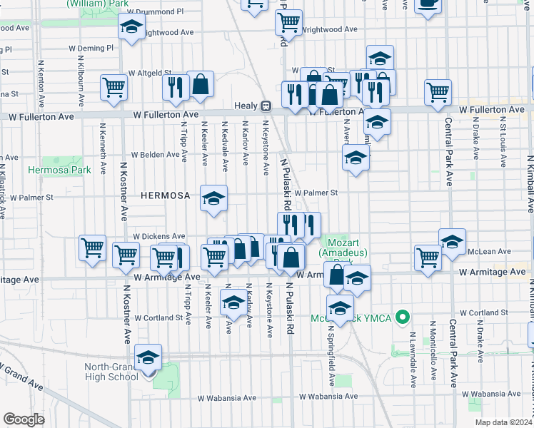 map of restaurants, bars, coffee shops, grocery stores, and more near 2151 North Keystone Avenue in Chicago
