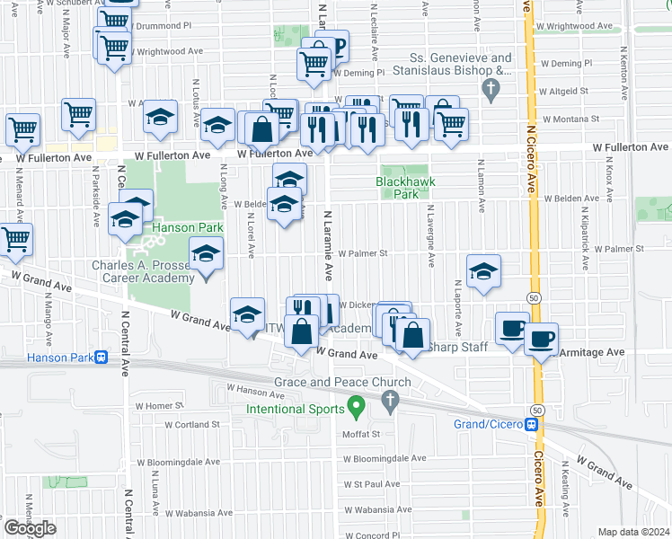 map of restaurants, bars, coffee shops, grocery stores, and more near 2200 North Laramie Avenue in Chicago