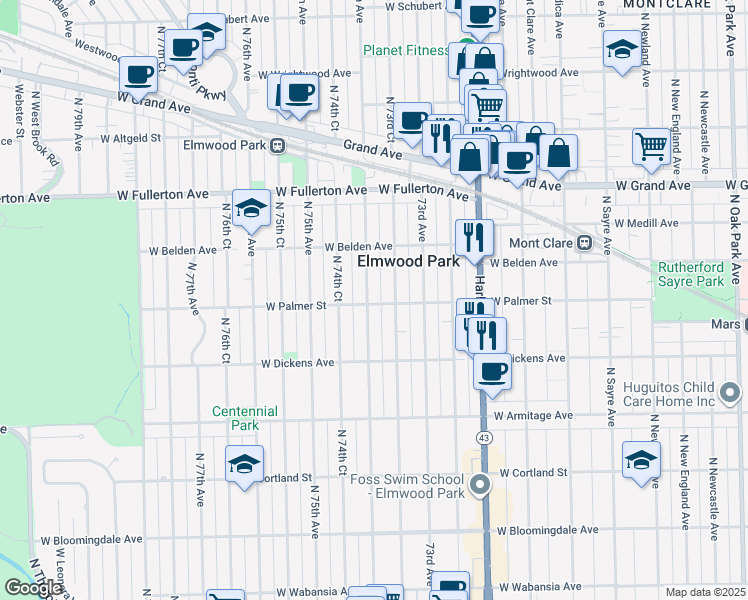 map of restaurants, bars, coffee shops, grocery stores, and more near 2216 North 73rd Court in Elmwood Park