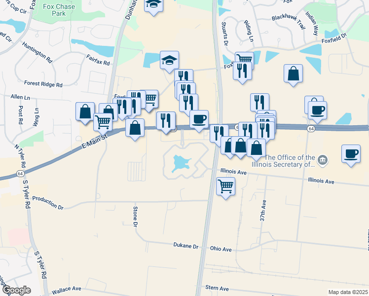 map of restaurants, bars, coffee shops, grocery stores, and more near 171 Lakeside Drive in St. Charles