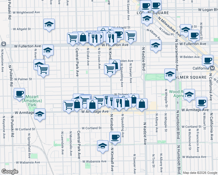 map of restaurants, bars, coffee shops, grocery stores, and more near 2122 North Kimball Avenue in Chicago
