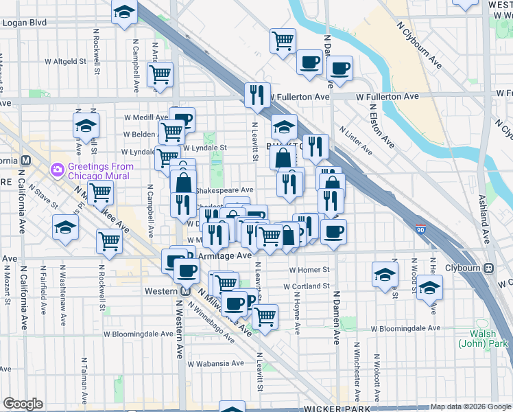 map of restaurants, bars, coffee shops, grocery stores, and more near N Leavitt St & W Charleston St in Chicago