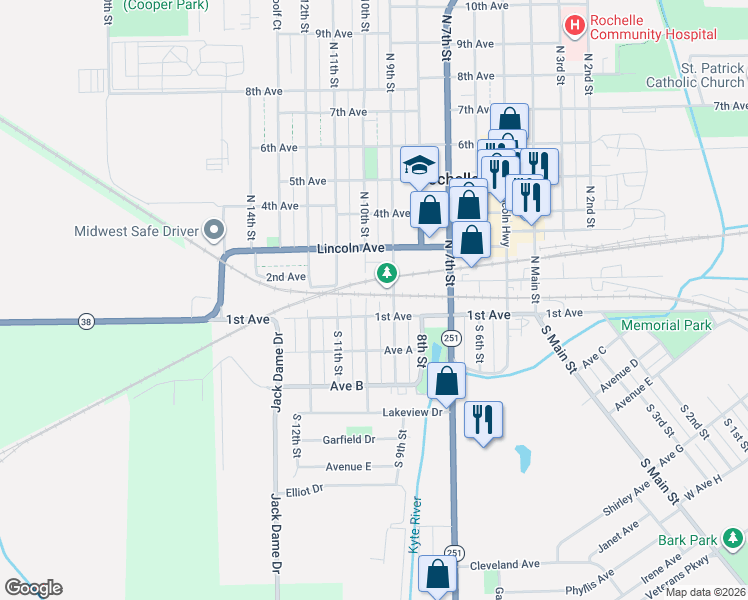 map of restaurants, bars, coffee shops, grocery stores, and more near 126 North 9th Street in Rochelle