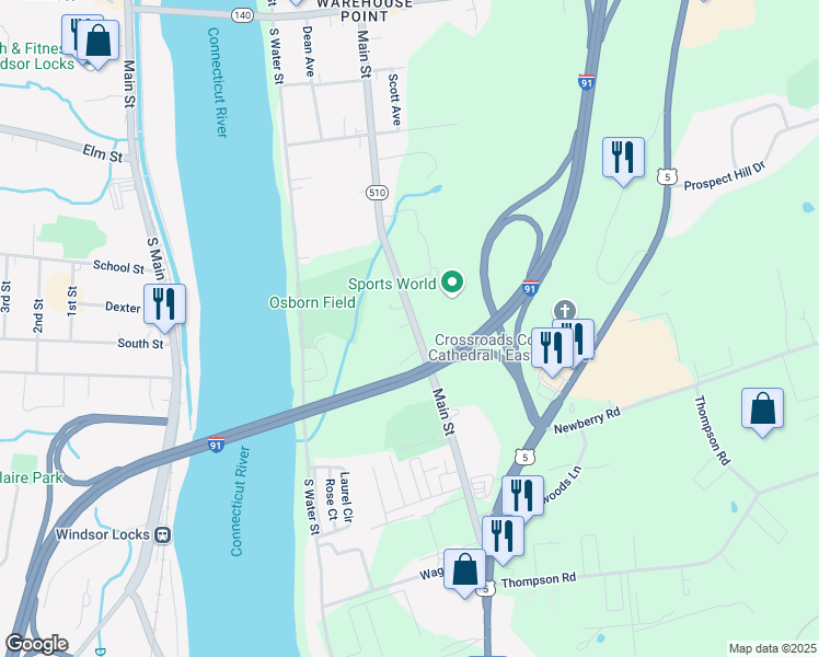 map of restaurants, bars, coffee shops, grocery stores, and more near 237 Main Street in East Windsor