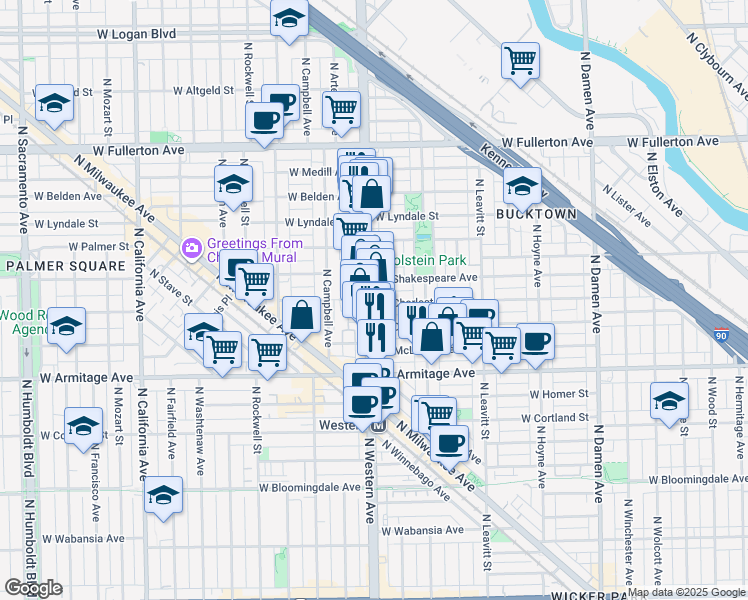 map of restaurants, bars, coffee shops, grocery stores, and more near 2121 North Western Avenue in Chicago