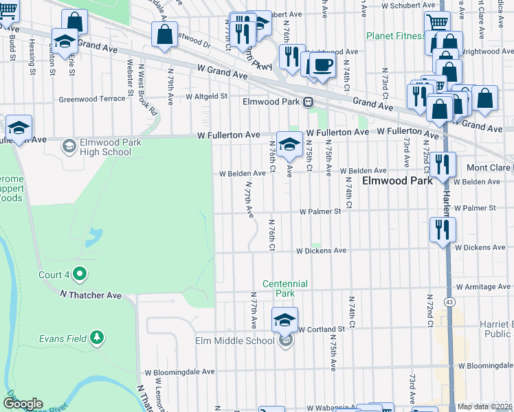 map of restaurants, bars, coffee shops, grocery stores, and more near 2222 North 76th Court in Elmwood Park