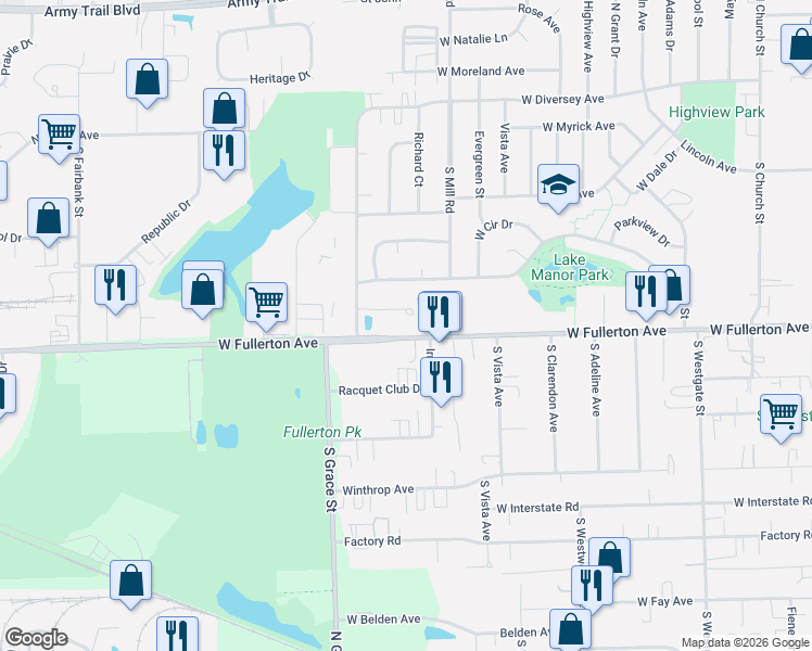 map of restaurants, bars, coffee shops, grocery stores, and more near 630 Georgian Court in Addison