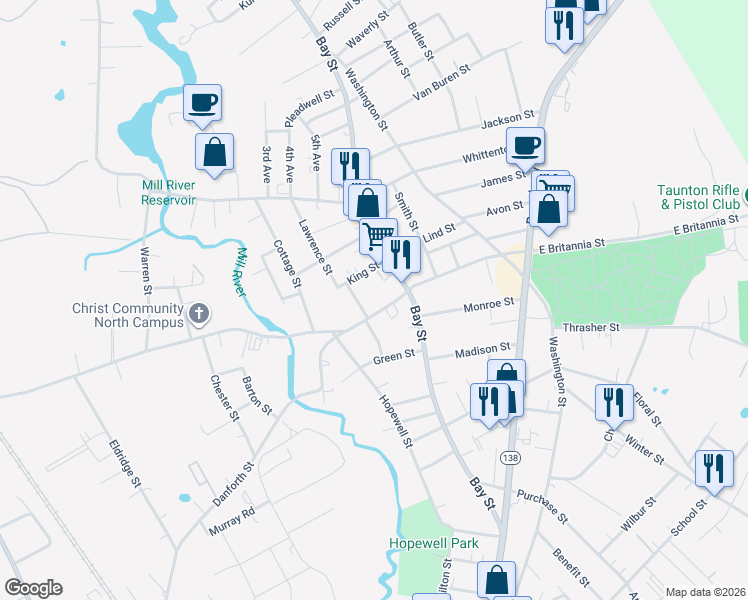 map of restaurants, bars, coffee shops, grocery stores, and more near 8R King Street in Taunton