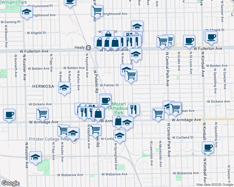 map of restaurants, bars, coffee shops, grocery stores, and more near 2148 North Springfield Avenue in Chicago
