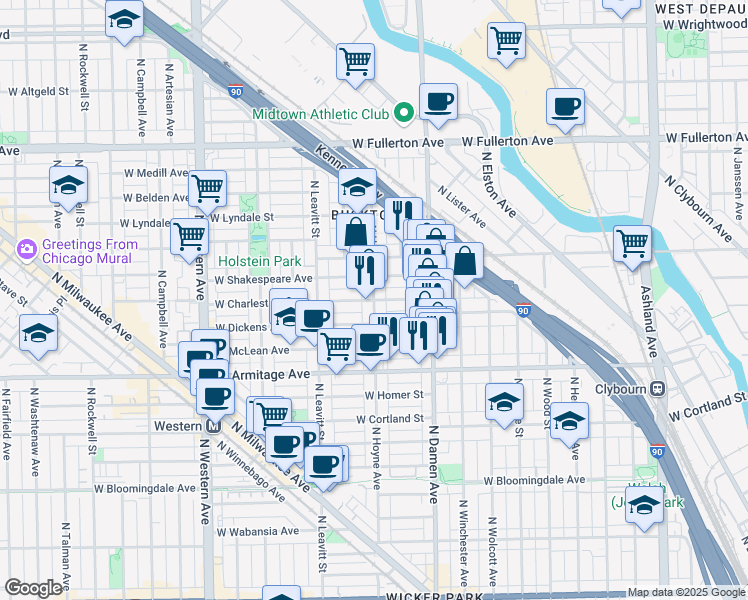 map of restaurants, bars, coffee shops, grocery stores, and more near North Hoyne Avenue & West Charleston Street in Chicago