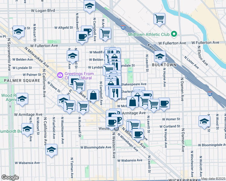 map of restaurants, bars, coffee shops, grocery stores, and more near 2100 N Western Ave in Chicago
