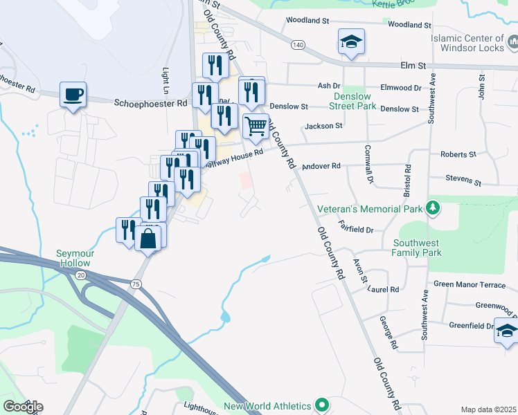 map of restaurants, bars, coffee shops, grocery stores, and more near 3 Concorde Way in Windsor Locks